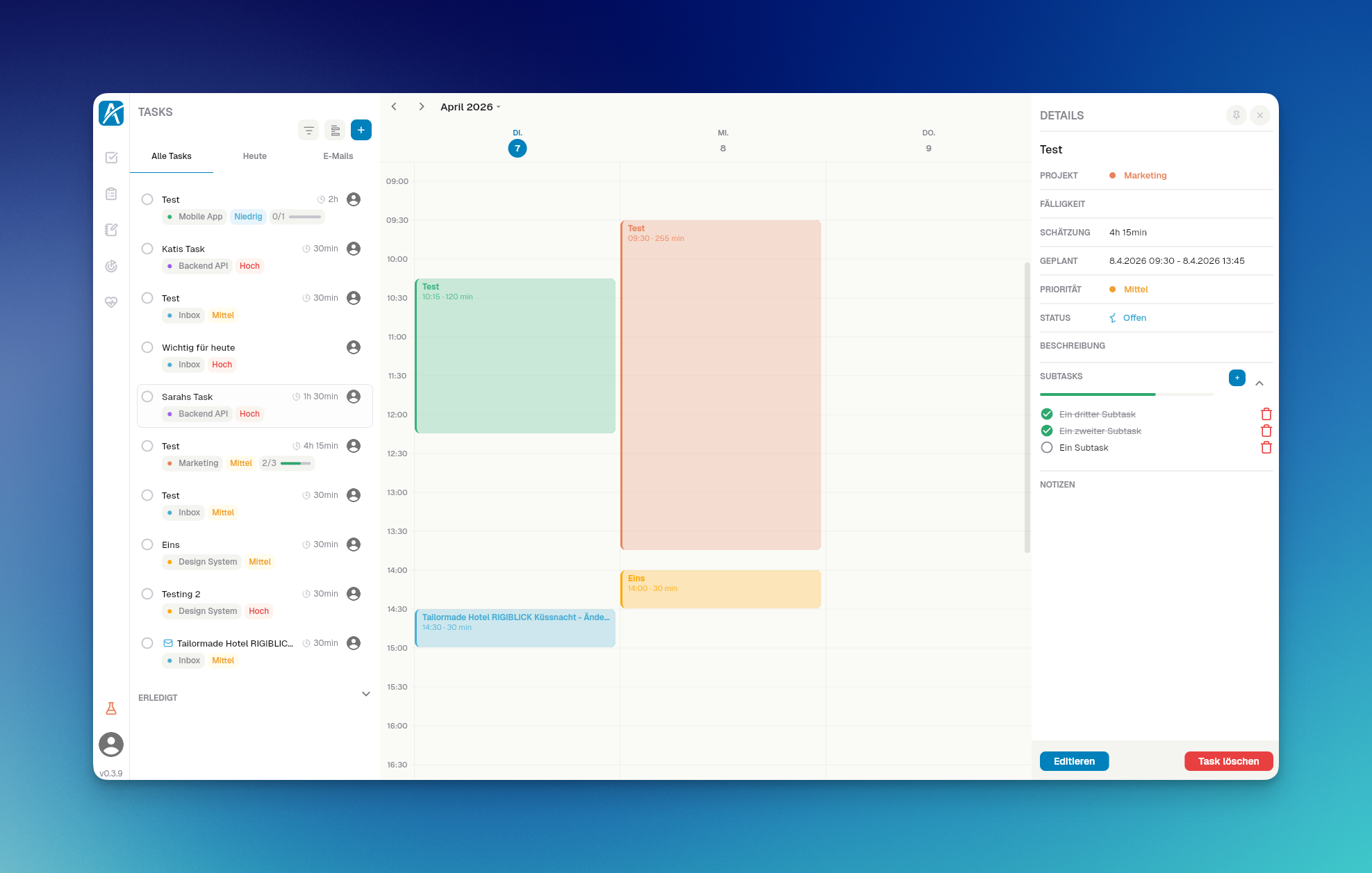 Aevo Tasks Ansicht mit Kalender und Backlog