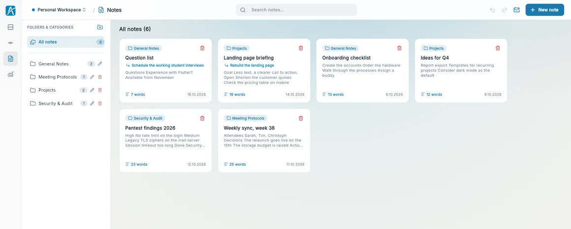 Notes studio in Aevo with folders and markdown notes