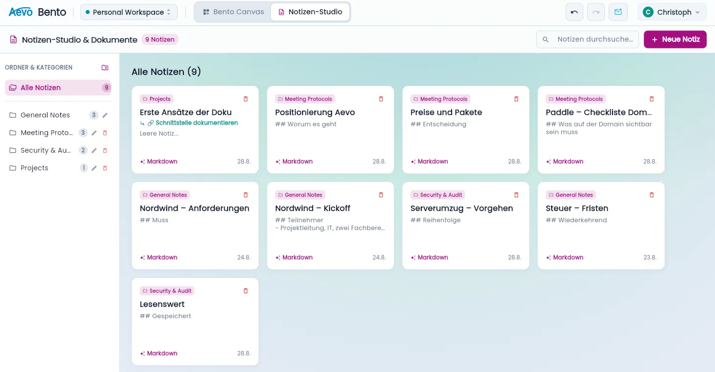Notizen-Studio in Aevo mit Ordnern und Markdown-Notizen