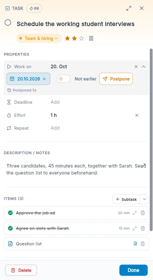 Detail view of a task postponed five times, with work-on date, effort, description and subtasks