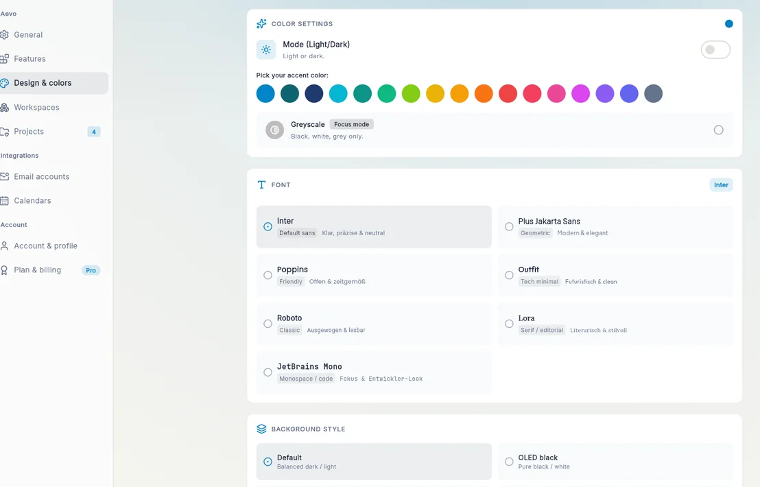 Settings in Aevo with the light-dark switch, accent colours and font choice