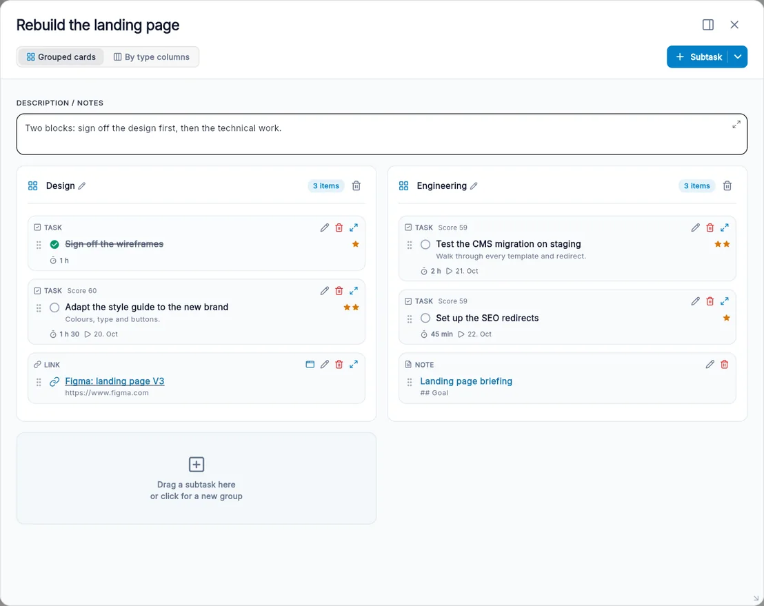 Subtasks in Aevo, bundled into named groups